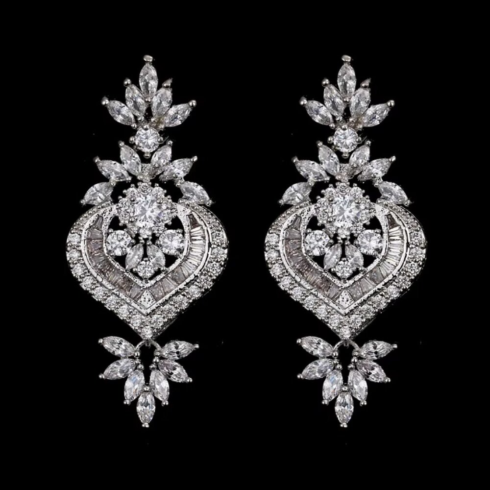 Platinum Plated Flower Pendant Drop Earrings With Shining CZ - Picture 4 of 6